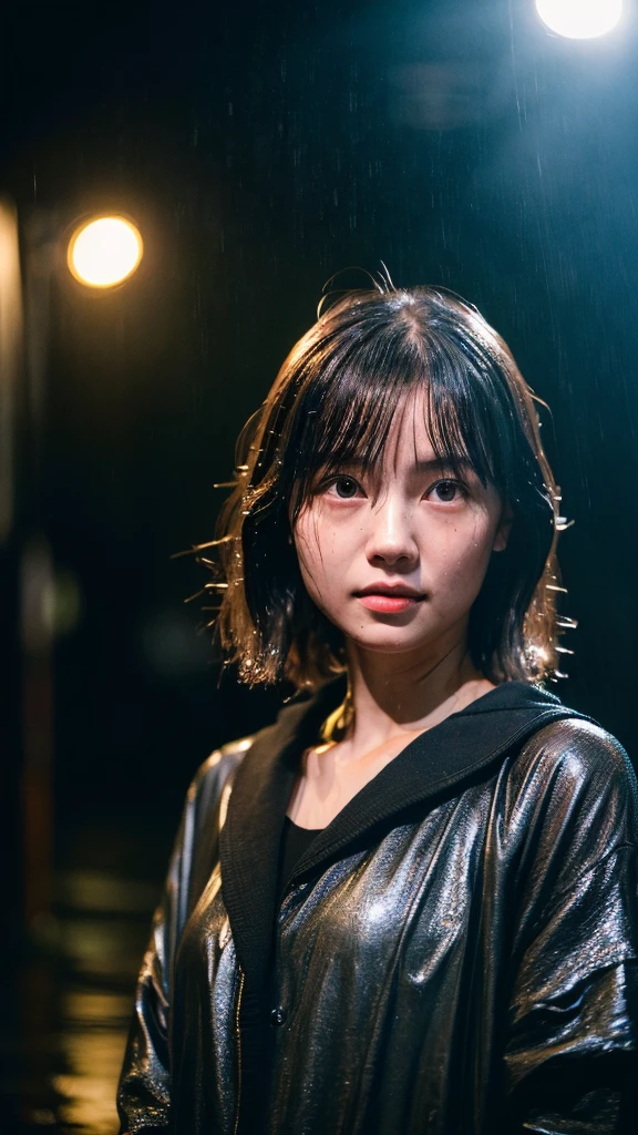 Raining, Wet roads , drenched, Dripping, Wet Face, Wet clothes, Wet Skin, Wet Hair, A young woman with a cute face like a Japanese idol, ((Cinema lighting), (Natural light), (High level of artistry), (Artistic), RAW Photos, High resolution, masterpiece,