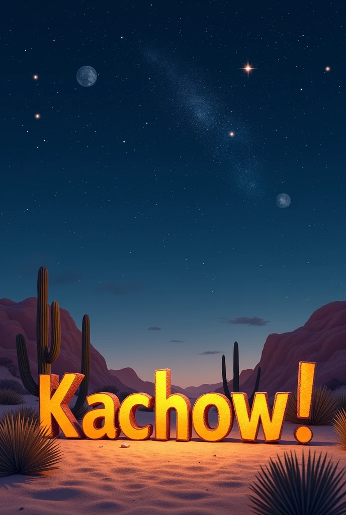 letters that say "Kachow!" Inspired by the movie Cars, Let it be a starry night on the sandy road where the movie takes place, that the road is noticeable as if it were taken from a movie. That between everything that is between quotation marks "Kachow!"
something like that, but the letters are not so bright
