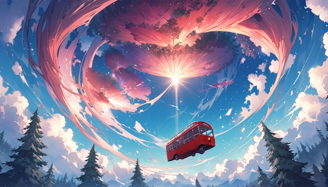 fantasy world, one red bus flying in the sky, the beautiful forest below, beautful backround, top view, flying very high in the sky,
