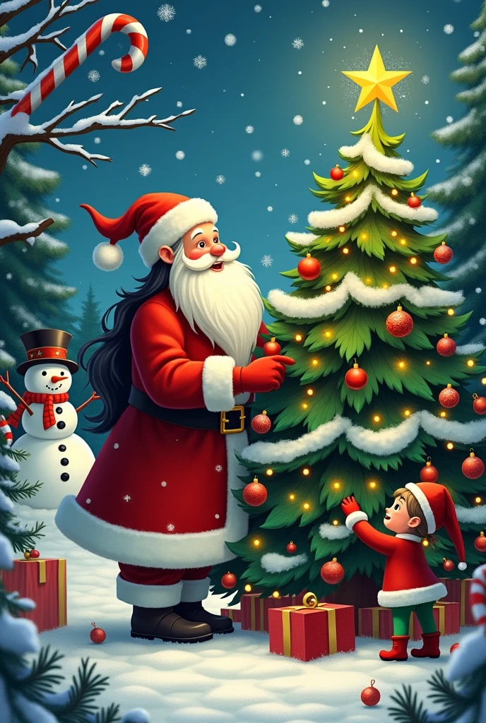 Santa Claus with his chubby wife black hair candy canes snowman snowflakes Christmas tree elves 