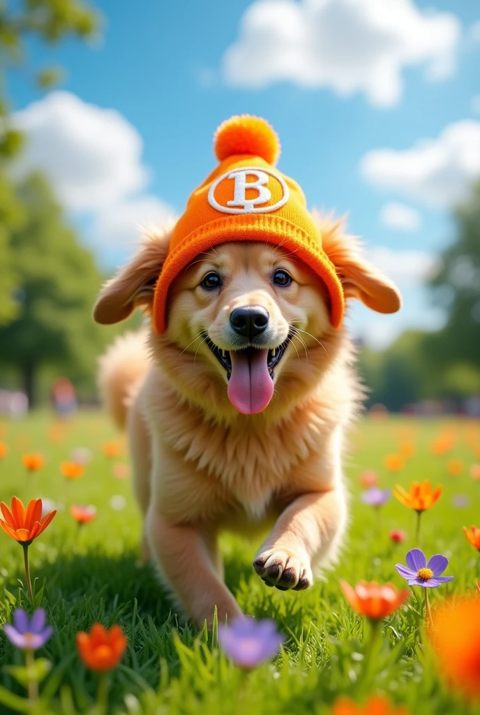 Create a dog wearing an orange hat with the bitcoin symbol on the front of the shirt.
