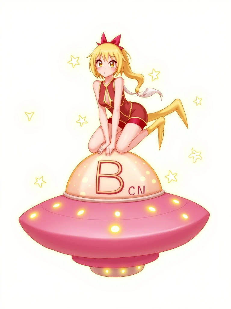 drawing of a blonde character with a garter on a flying saucer, it is pink, with yellow lights, and a letter "B" in the center. 2D style drawing on a white background.