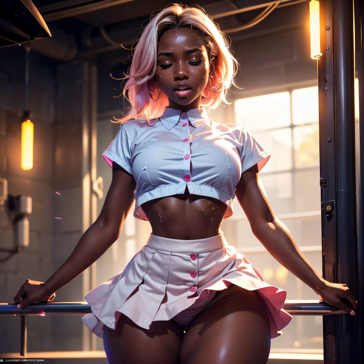 in laboratory, (18 years old), (dark skin), dark skin, wide shot, blond hair, orgasm, (white button down top, pink pleaded skirt), (Masterpiece, Professional lighting, 16k, 8k wallpaper, raw photo, photorealistic:1.8, ultra detailed, natural lighting, detailed skin sexy pose, open mouth, big lips, night time, eyes closed, magic energy, neon light, orgasm, sweating, crying, screaming, thick thighs, views