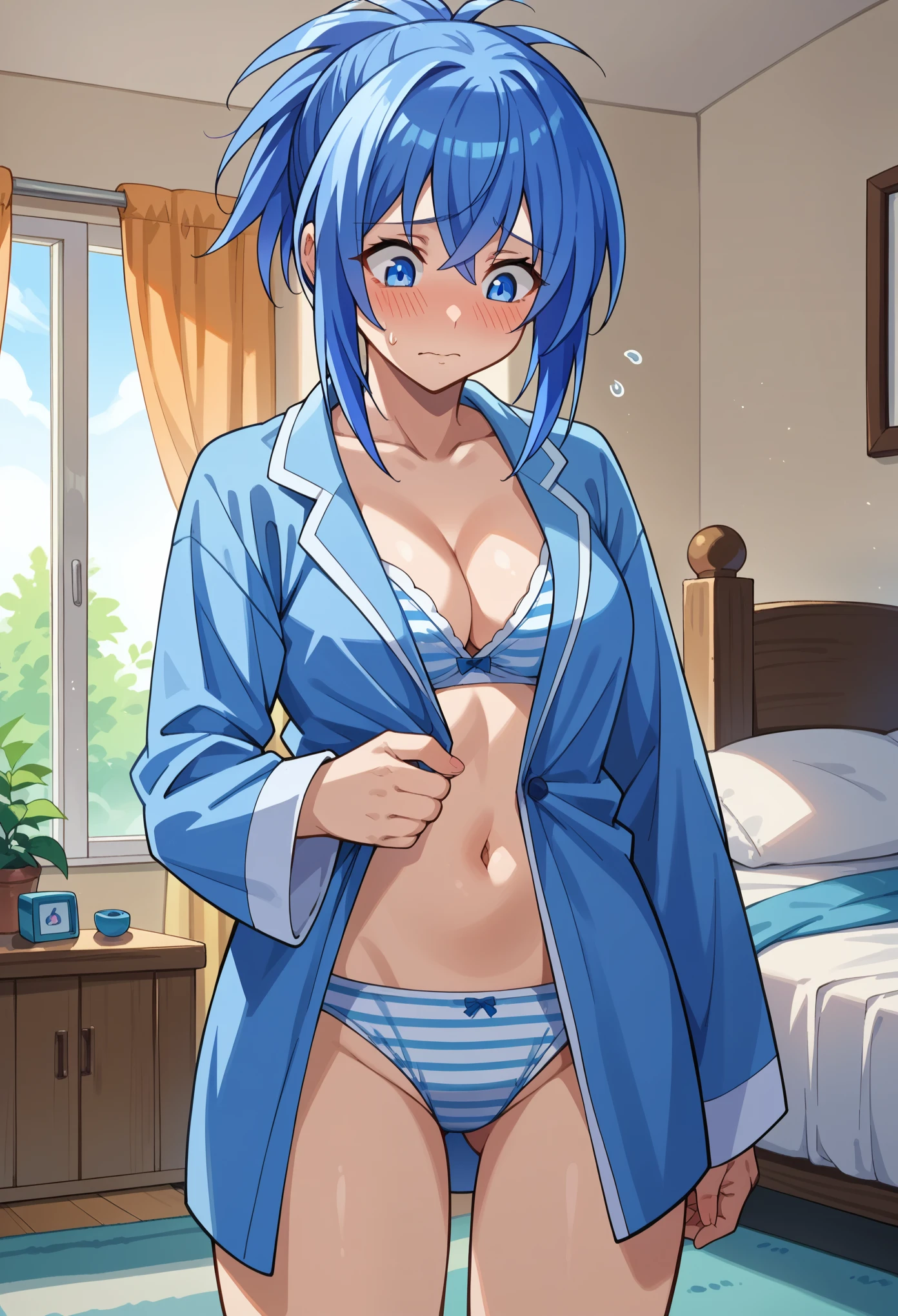 score_9, score_8_up, score_7_up, 1girl, solo,Natsuru, blue hair, blue pajama, long pajama, bare bottom, cleavage, blue striped panties, nervous, blushing, nervous, looking down, bedroom