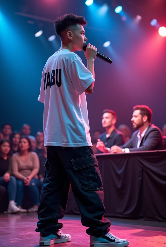 **Image Description**:
A 17-year-old rapper is performing on stage during an audition, with his look clearly visible on camera. He is wearing black cargo jeans, Ogiy shoes, and a white hip-hop T-shirt with "YABU" written on it. The T-shirt is long, adding to the rapper's streetwear style. His haircut is a 0 on the sides with a slight slope. He holds a microphone in his hand and is deeply engaged in his performance. Three judges, seated at a table in front of the stage, watch him intently. The audience is visible in the background, observing from the side. The stage is brightly lit, emphasizing the rapper's dynamic and energetic presence. ( His hold mic and perform. Direct camera straight way on look artist camera front way