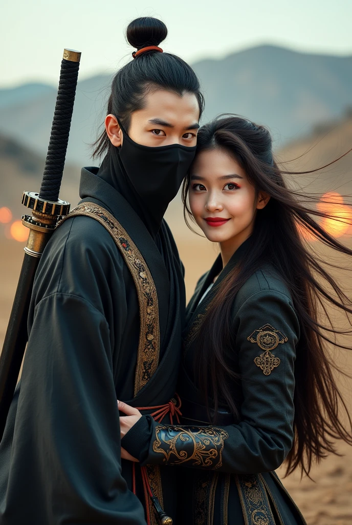 
professional photo, portrait of a handsome 19 year old Korean man with hair in a bun, wearing a sninobi costume complete with , with his mouth covered in a black veil, red eyes on the right side and blue on the left side standing with a sharp gaze, behind his back is a katana sword, standing with a beautiful woman with long, flowing hair, a charming face, luscious red lips, beautiful eyes of the same color, wearing the same costume, complete with an iron-armor visor, her loose hair flying in the gentle breeze, the beautiful woman smiled sincerely with one hand. holding the man's shoulder, the background is a barren field with a high hill behind them, the picture is very realistic, with the effects of sparks and wind and flying dust, the picture has a slight 3-dimensional touch, very interesting, extraordinary picture, cinematic , photographic