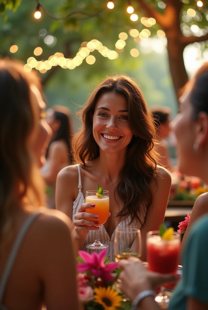 Brunette woman with brown eyes , a person who is realistic we would not say that it is a person created by AI has a party outside