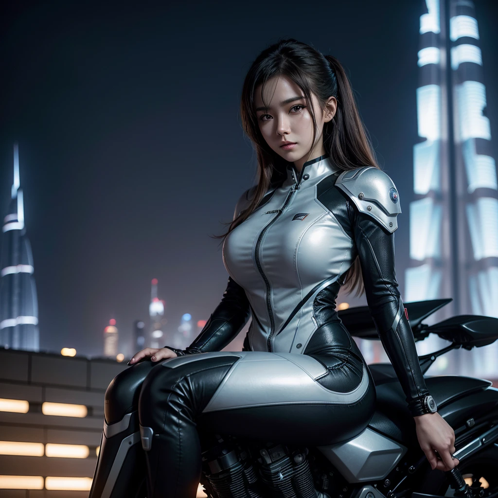 High quality portrait style photography of a beautiful woman with extremely detailed face and hands. It also has Japanese anime-style features., dressed in a futuristic mecha suit. She is sitting on a motorcycle, with the blurred silhouette of the Burj Khalifa rising in the background.