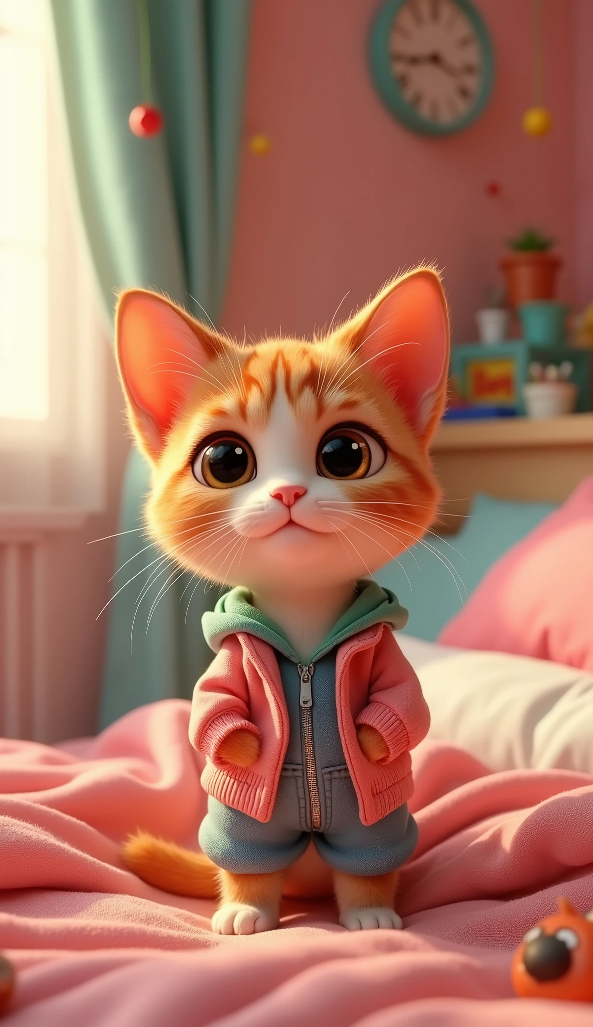Perfect centering, Looking at the camera, a close up 2/3 of a cartoon cat wearing a casual dress, 3 d animation demo reel, 3d animation, 3 d animation, 3 d animated movie, 3d animated, 3 d animated, tv commercial, clay animation, cgi animation, cute! c4d, cute 3 d render, pixar 3 d animation style, in front of a bed 4 k, 3 d cartoon