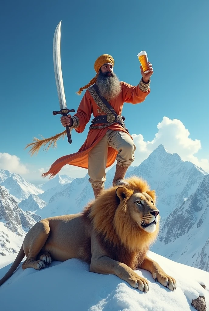 Sardaar boy at top of snowy mountain having one leg on top of head of dead lion and having sword in his hand with a beer bottle in his another hand