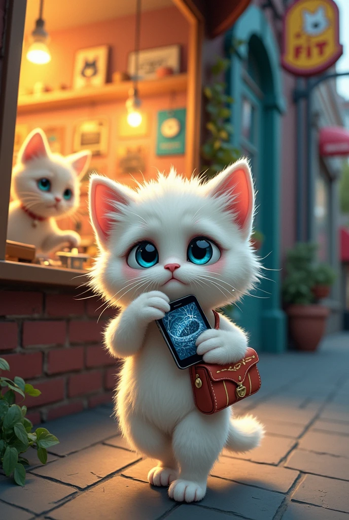 Our poor white kitten is heartbroken, seeing the cracked screen. The scene transitions to the kitten walking down a busy street, holding the broken phone in a tiny pouch slung over its shoulder. The kitten approaches a brightly lit phone repair shop with a large sign that reads “Fix-It Feline Repairs.” The shop is inviting, with colorful gadgets displayed in the window and a friendly repair cat waiting inside.
