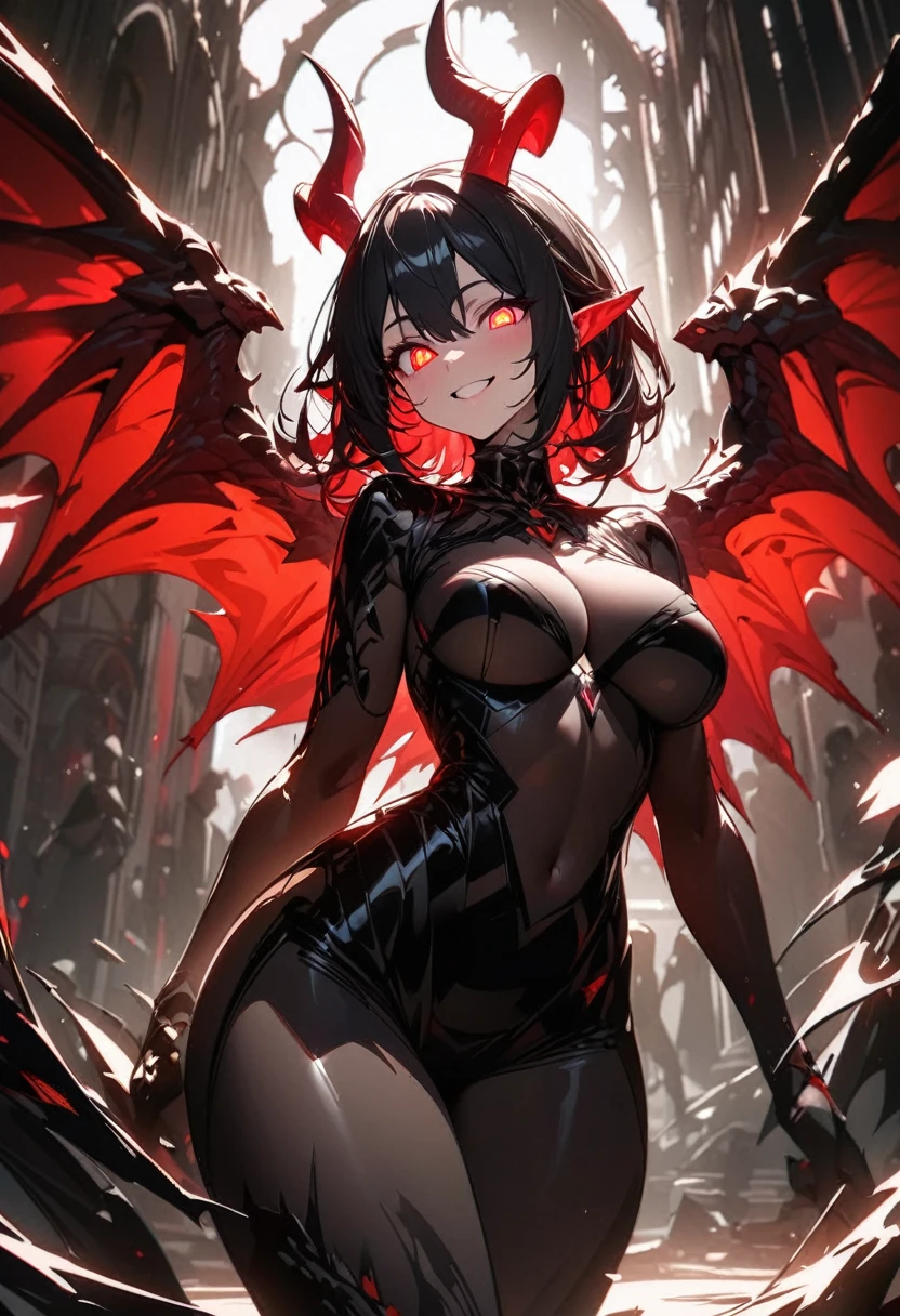 (Highest quality:1.2, Very detailed, Latest, Vibrant, Ultra-high resolution, High Contrast, Super Detail, masterpiece:1.2, Highest quality, Best aesthetics),1People Women、Dragon People、Long Black Hair、2It has four horns.、Big eyes、Crimson Eyes、Glowing Eyes、(Detailed Eyes)、smile、Smiling with mouth closed、F cup size、Textured Breasts(((Less exposure)))、Dragon Wing、Red wings、Attractive thighs、Dragon's red tail、(Dynamic tail),whole body、(He has one hand out here)、palm up、(Exact finger count)、Sharp Claws、 background、night、Lava field、Cracked Ground、Darken overall、