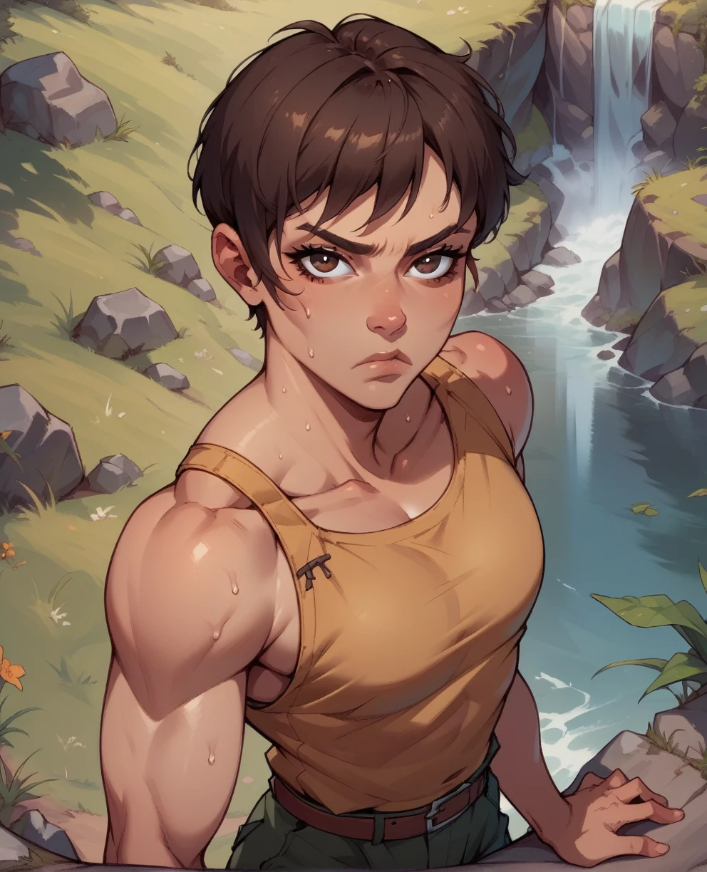 score_9,score_8_above,score_7_above,
XL waterfall,Brown eyes,Brown hair,short hair, Serious,to camp,plains,looking at the viewer,outdoor,NSFW
