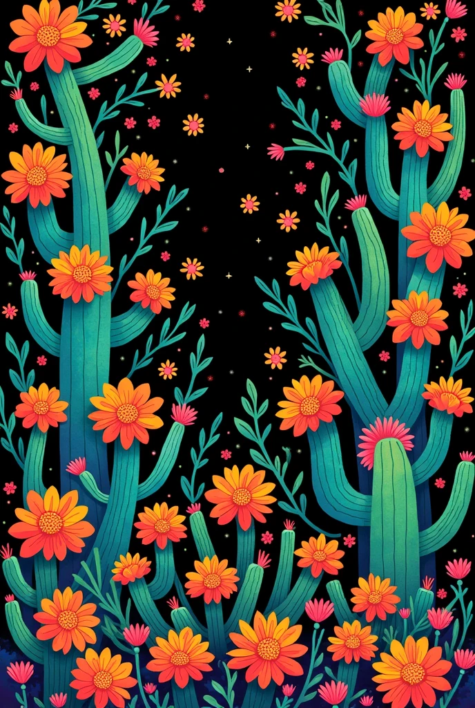 black background with a pattern of colorful figures and flowers, mostly green, Mexican style