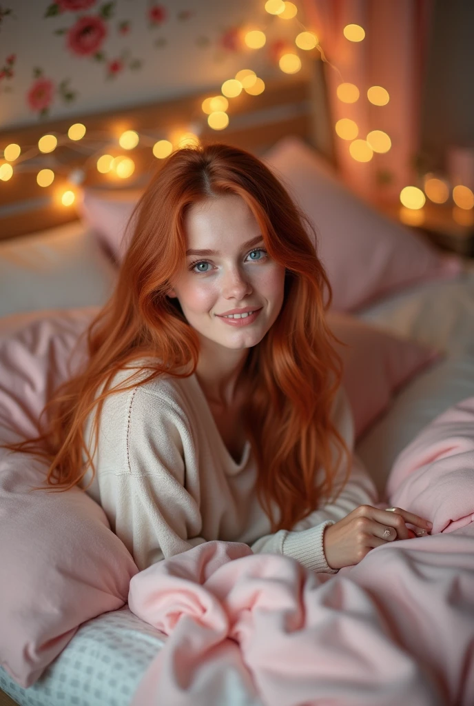 (photorealism:1.2), beautiful women, redhead, 21 years old, naked, on his bed, in a girly room, big breasts