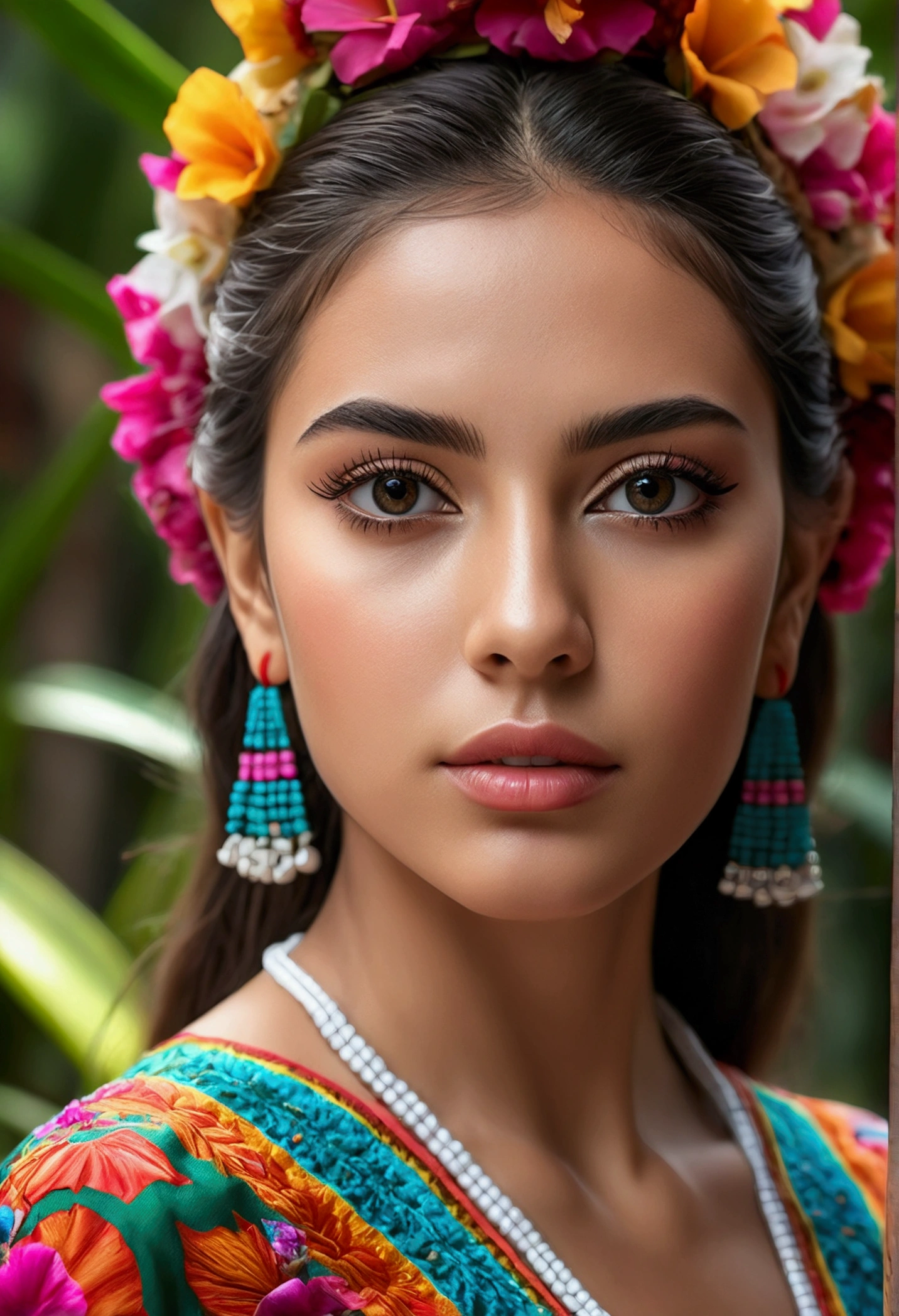 4 beautiful mexico girls, beautiful detailed eyes, beautiful detailed lips, extremely detailed eyes and face, long eyelashes, athletic athletic bodies, colorful traditional mexico dresses, tropical garden background, (best quality,4k,8k,highres,masterpiece:1.2),ultra-detailed,(realistic,photorealistic,photo-realistic:1.37),vibrant colors,natural lighting,cinematic composition,intricate details,highly detailed facial features