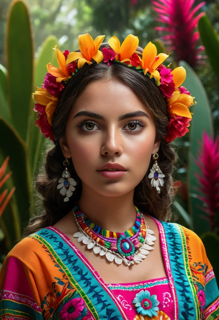 4 beautiful mexico girls, beautiful detailed eyes, beautiful detailed lips, extremely detailed eyes and face, long eyelashes, athletic athletic bodies, colorful traditional mexico dresses, tropical garden background, (best quality,4k,8k,highres,masterpiece:1.2),ultra-detailed,(realistic,photorealistic,photo-realistic:1.37),vibrant colors,natural lighting,cinematic composition,intricate details,highly detailed facial features