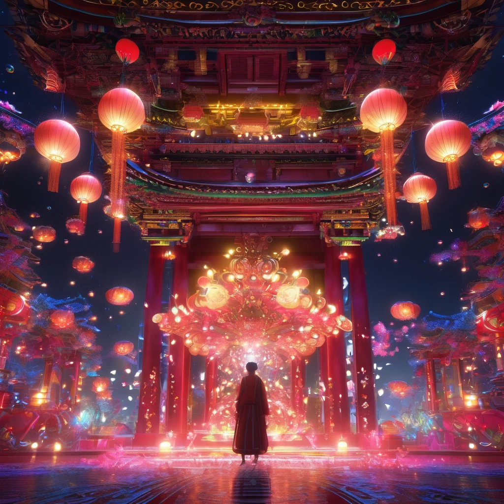 Noh theater、神楽舞This is a high-quality 4K masterpiece CG image featuring highly detailed and intricate designs.。Intricate details、,In the center is an unknown creature.、Background is in neon pop abstract art style、Cinema Lighting、A lot of bubbles flowing in detail、It features slowly moving notes。Surrounded by ultra-fine glowing particles overall、Focus on happiness and dynamic background elements、It's a vivid and complex image.。