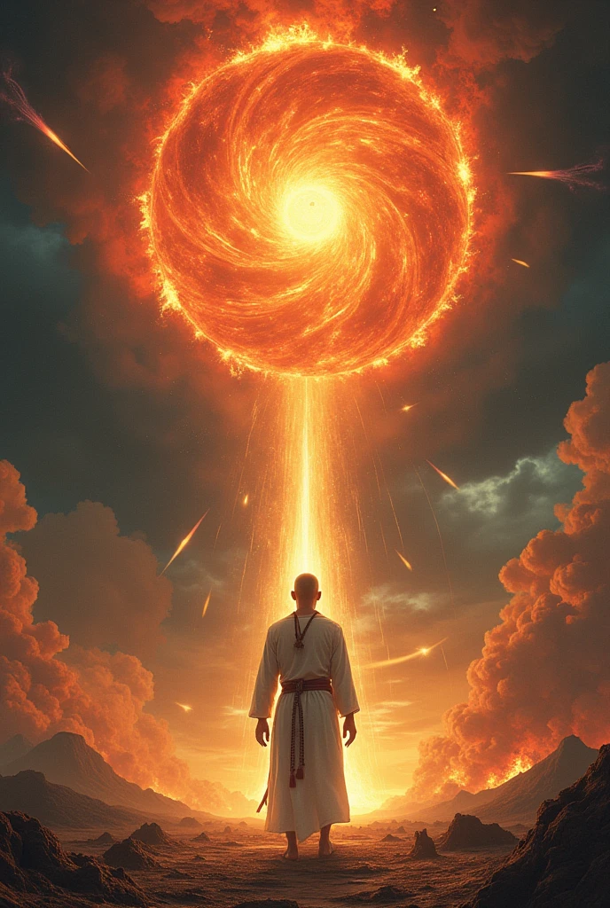 Create the image of the magician Shantih by invoking a Brahmashirastra with the following instructions:
#Character Name Shantih is a Sanskrit word used in religious and spiritual contexts, especially in Hinduism and Buddhism, to invoke or wish for peace and calm.
#Humble personality, ascetic and pacifist. Shantih hates killing and fighting, fame and glory do not interest him, but rather an eternal search for truth. Its central belief is that the beautiful and the good should not be replaced by the barbaric and the ugly.. The natural path of all things must be based on virtue.. Those who are evil and vicious have no place in the world..
#Appearance The wizard Shantih wears ordinary white clothing and a necklace with large beads. (japamala), closely resembling a Buddhist preacher. Furthermore, presents a third eye (bindi) and a great muscular build, which makes others mistake him for a martial artist. He's bald and doesn't have a beard.
Brahmashirastra is the most destructive weapon described in ancient Indian texts, being four times more powerful than the Brahmastra and capable of ending the existence of gods or devas . Considered superior to the Brahmastra , the Brahmashirastra causes chain reactions of explosions and massive waves to annihilate any desired entity from the universe or even the universe itself. The weapon manifests itself with the four heads of Brahma as its tip.. It is explained that when this weapon is summoned, "It burns with terrible flames inside a huge sphere of fire. Numerous peals of thunder are heard, cracks begin in the earth, rivers dry up, thousands of meteors fall and all living creatures are terrified with great fear. The entire sky seemed to be filled with noise and took on a terrifying appearance with flames of fire. The whole earth with its mountains, waters and trees tremble". When it reaches an area, it will be destroyed and nothing will grow there, not even a blade of grass for the next 50 years Brahma (155,5 trillion human years). Your true p
