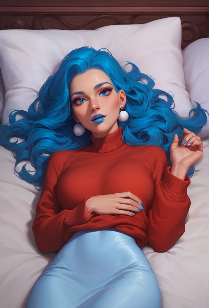 18 year old young woman, blue long hair, blue colored eyes, blue lipstick. Wearing a red sweater dress. is lying in bed. 