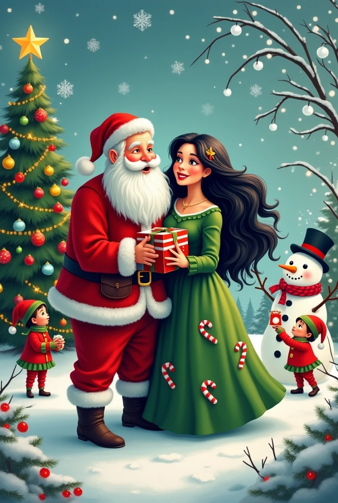 Santa Claus with his chubby wife black hair candy canes snowman snowflakes Christmas tree elves 