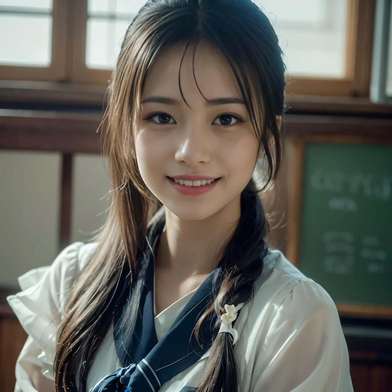 1 person, Beautiful Japanese actresses, (Berry Short:1.3),(RAW Photos, Highest quality), (Realistic, Photorealistic:1.4), masterpiece, Very delicate and beautiful, Very detailed, 8k wallpaper, wonderful, finely, Very detailed CG Unity 8K 壁紙, Very detailedな, High resolution, Soft Light, Beautiful detailed, Very detailed,Eyes and Face, Beautiful and detailed nose, Beautiful and detailed, Cinema Lighting, Perfect Anatomy, Slender body, smile, Face the front completely, Looking at the camera,Highest quality, Face Focus, Soft Light, 超High resolution, (Realistic:1.4), RAW Photos, 日本人の1 person, alone, cute, (Dark Eyes, light in your eyes), Beautiful face in every detail, (Small Box),(人間の肌の質感のHigh resolutionの詳細), (Berry Shortの髪),In the classroom , Wearing a high school uniform, (Portraiture), smile, Upper body from the waist up, smile,