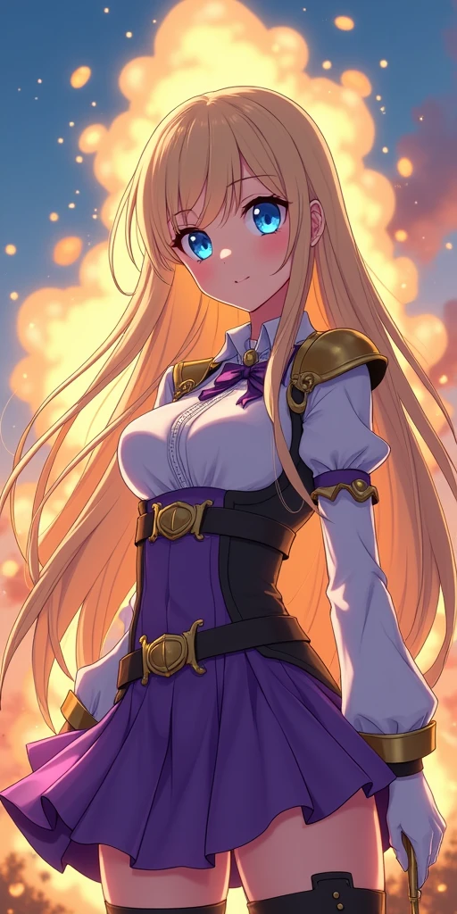 (best quality, ultra-detailed, photorealistic: 1.39), bright and vibrant colors, studio lighting, romantic expression, An effeminate warrior, with a delicate and beautiful face. She is a girl who reflects seductive beauty, sparkling blue eyes, a beautiful woman with her long straight blonde hair, her large breasts seduces, her blue eyes match her soft smile, wearing a heroine uniform, anime heroine, pleated skirt with purple details, her long-sleeved blouse glued to her body, her boots glued up to your thighs, an explosion of a mixture of water, fire and earth elements complement the background of the scene., anime style