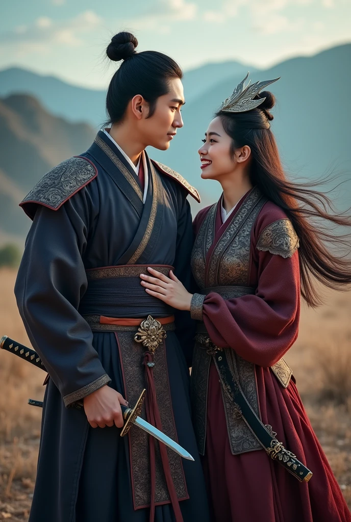 professional photo, portrait of a handsome 19 year old Korean man with hair in a bun, wearing a sninobi costume complete with , with his mouth covered in a black veil, red eyes on the right side and blue on the left side standing with a sharp gaze, behind his back is a katana sword, standing with a beautiful woman with long, flowing hair, a charming face, luscious red lips, beautiful eyes of the same color, wearing the same costume, complete with an iron-armor visor, her loose hair flying in the gentle breeze, the beautiful woman smiled sincerely with one hand. holding the man's shoulder, the background is a barren field with a high hill behind them, the picture is very realistic, with the effects of sparks and wind and flying dust, the picture has a slight 3-dimensional touch, very interesting, extraordinary picture, cinematic , photographic