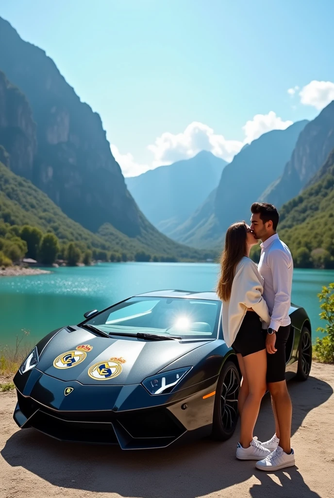 Realistic 3D photos of a black Lamborghini car and wearing Real Madrid stickers with a landscape background and a lake in front of it, there is a couple in a white jacket with black shorts and Adidas tennis shoes.