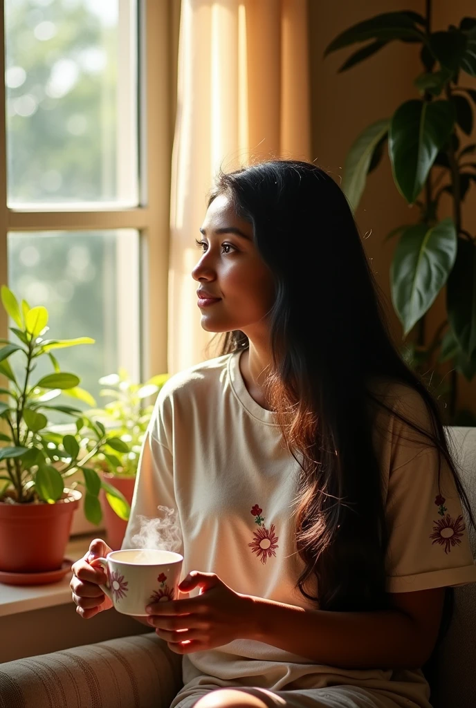 A Bangladeshi woman, wearing t Shirt , long hair,sitting besides window, taking tea
