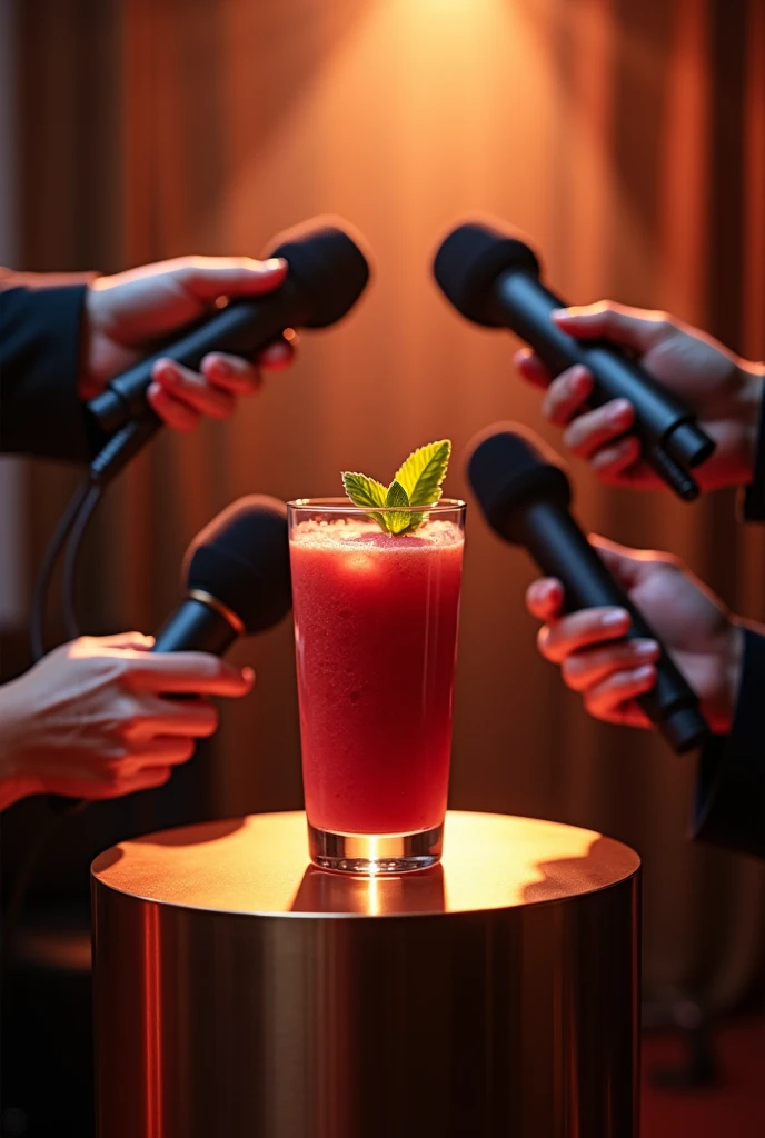 Hin Smoothie drink ,microphones hands ,breaking new podium luxury studio light shadow 