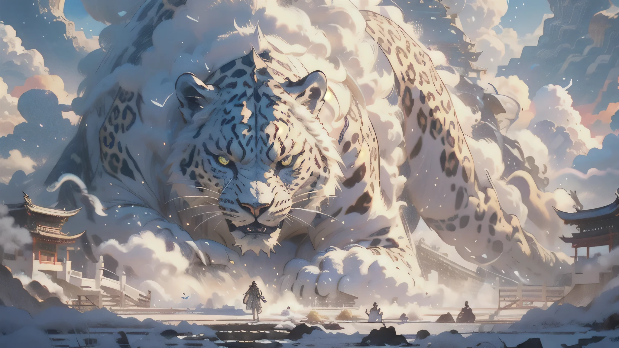 BJ_Sacgreen_bEast,green_eye,Outdoor,Horn,null,cloud,no_human,bird,cloudy_null,scenery,stage,Fantasy,Leopard,architecture,East_Asian_architecture,Eastern_Leopard,Cinema Lighting,Strong contrast,High level of detail,Highest quality,masterpiece,