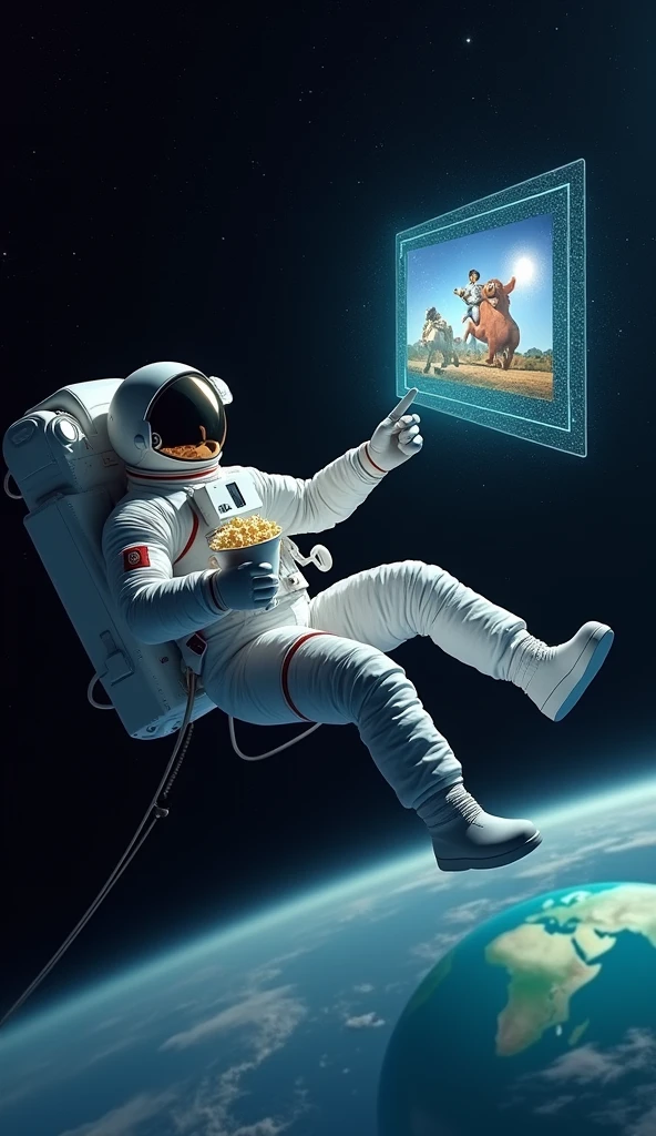 Astronaut floating in space watching television with a bucket of popcorn