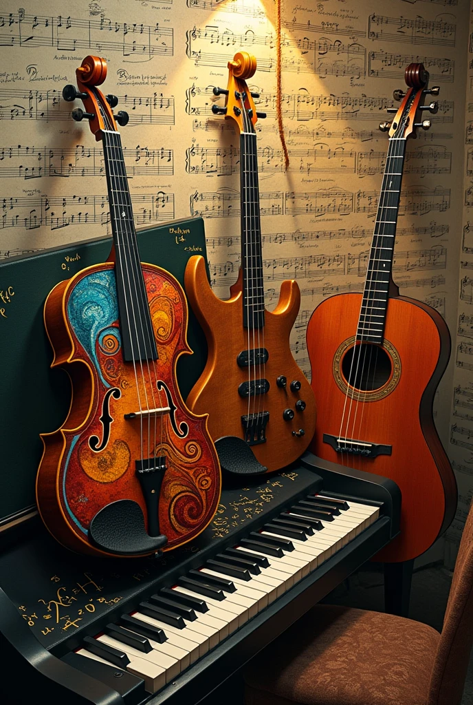 Image of a connection between mathematics and musical theory and music in general with instruments that highlight the mathematical theory more, that musical theory is seen with equations and not so artificial