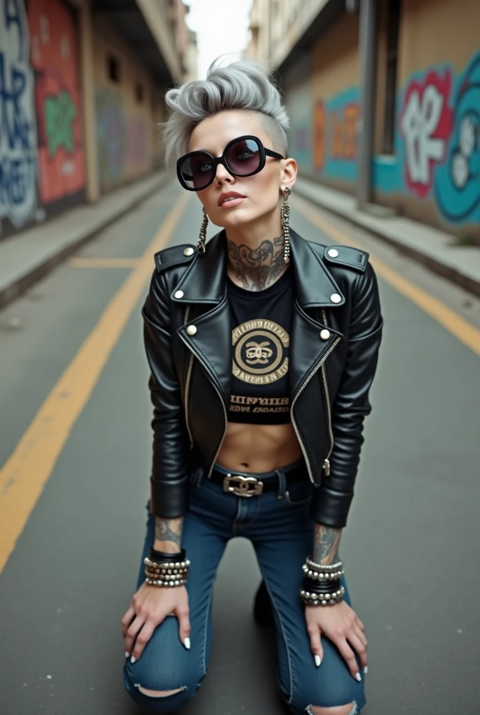 russian old milf woman, grey hair (top bun, shaved sides) and sunglasses as headband (big maxi sunglasses), with very light blue eyes, extremely pale. Wearing cropped black moto jacket with lots of zippers and badges on jacket flaps, cropped t-shirt with big motorcycle club logo, dark blue jeans with holes and pointy Chelsea boots with cuban heels . Silicone breasts. Lots of metallic bracelets, long pendants and lots of collars. Tacky leather belt with oversized chanel buckle. Long earrings. Kneeling, looking at the camera, tilted head, eyes and mouth wide open in amazement. Hands on her knees, toned abdominals, thin legs and thin arms. Tattoed chest, hands and arms.
