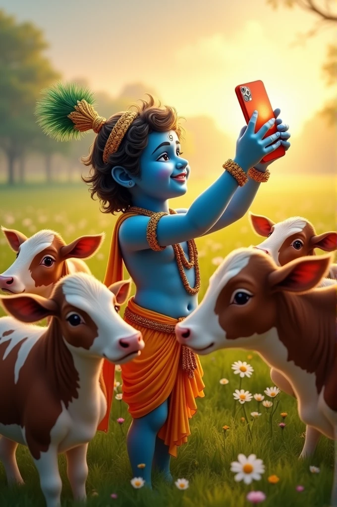 God Krishna is taking a selfie on his phone from the cut. There are cows around Krishna and all the cows are looking at Krishna's phone.
