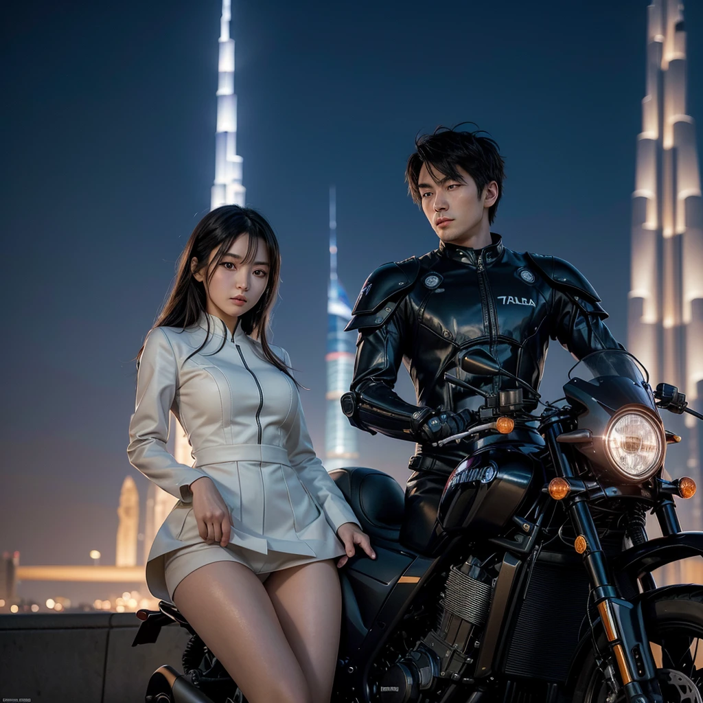 High quality portrait style photography of a beautiful woman with Japanese features in anime style, dressed in a futuristic mecha suit. He is driving a motorcycle, with the blurred silhouette of the Burj Khalifa rising in the background, slightly out of focus. The Burj Khalifa is the only building visible in the scene. The woman's face is detailed.