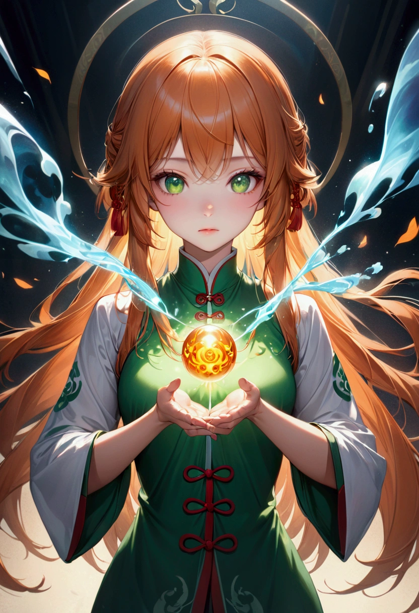 Anime girl with long straight orange hair, green eyes,athletic body,taoist, realistic