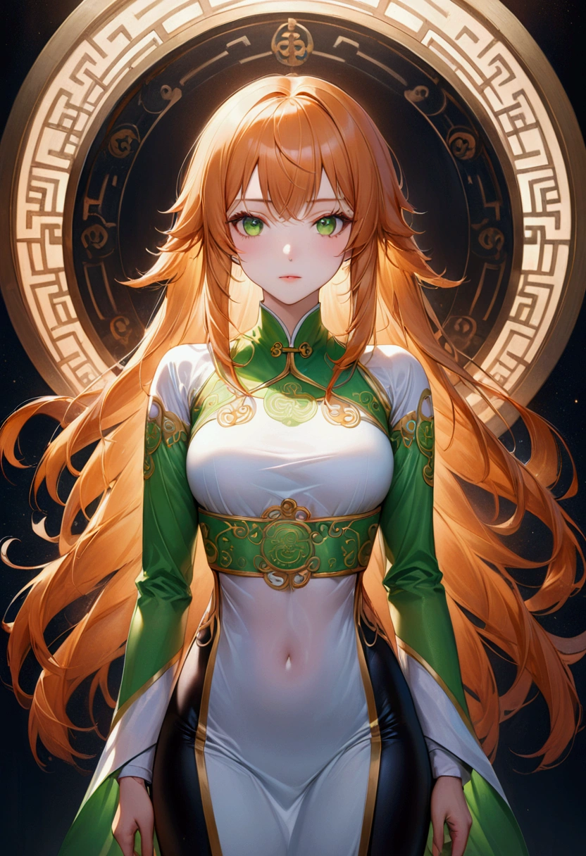 Anime girl with long straight orange hair, green eyes,athletic body,taoist, realistic