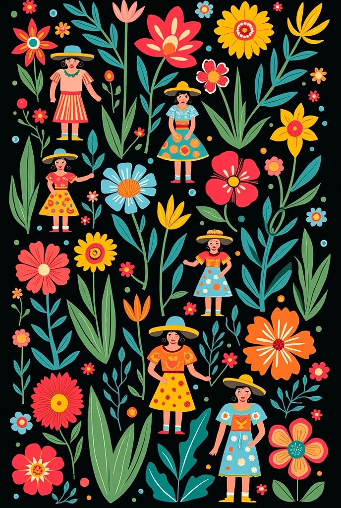 black background with a pattern of colorful figures and flowers, mostly green, Mexican style, that are not cacti