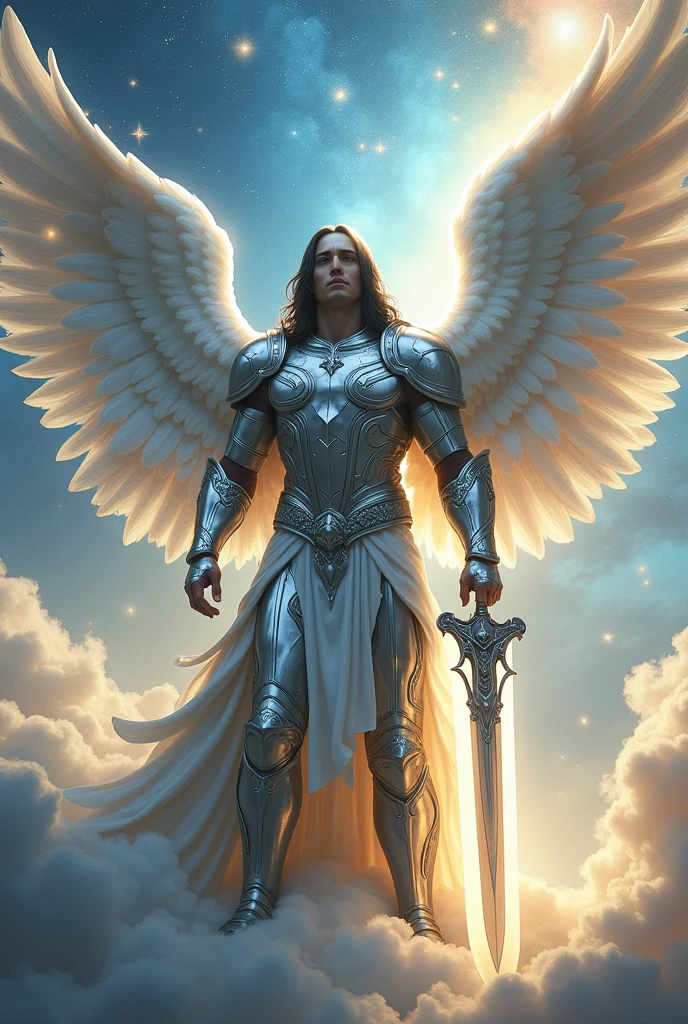 male angel, with silver armor, 4 pairs of wings, helmet that hides only the eyes, long black hair and celestial sword