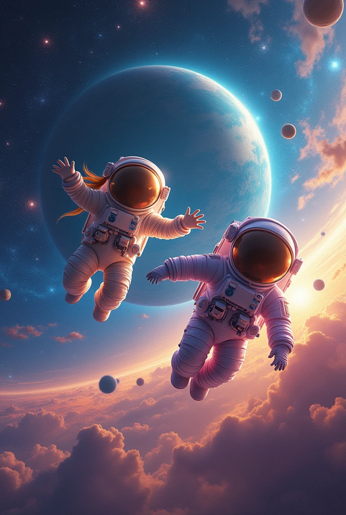 Girl and boy astronaut universe planets solar system rocket galaxy 5D
