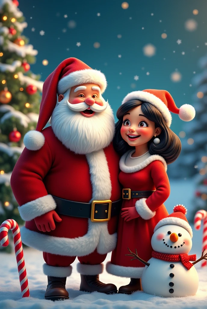 Santa Claus with his chubby wife black hair candy canes snowman snowflakes Christmas tree 