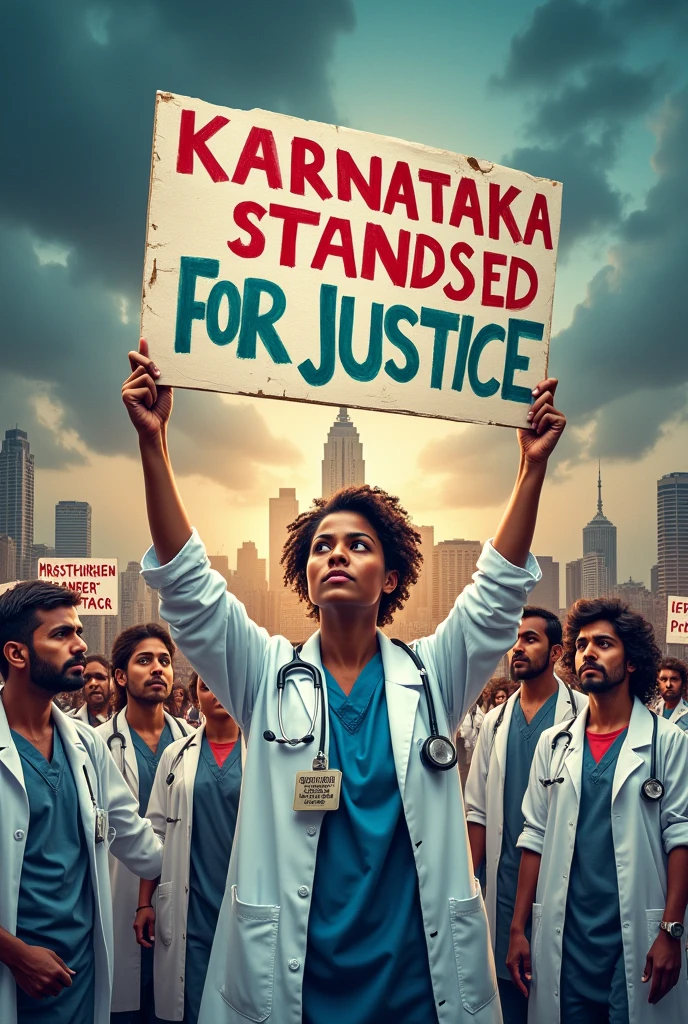 Generate an poster of doctors medical protest against rape case . Heading text as Karnataka stands together for justice Rape cases of india 2024 
Title as KARNATAKA STANDS TOGETHER FOR JUSTICE  and creative doctors photo many doctors 