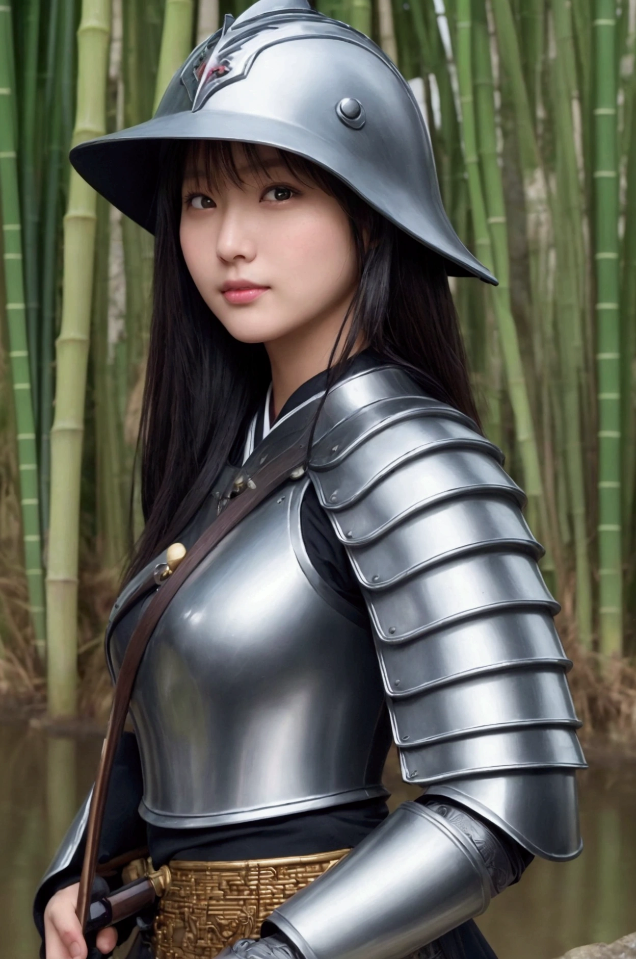 ((masterpiece)), ((Highest quality)), (Portrait of a beautiful girl), Eye for perfect detail, Face with perfect detail, Very elaborate nose,, Perfect Teeth, charm, Perfect Face, Dimples on cheeks, Written boundary depth, High resolution, ((Realistic skin texture)), Wash your body in the shower、Woman wearing Japanese armor, Also々profile、Standing woman holding a matchlock gun、Japanese women、A stream flows through a bamboo forest at dusk、Black Hair、Shokugata helmet、White thread tsumadori armor