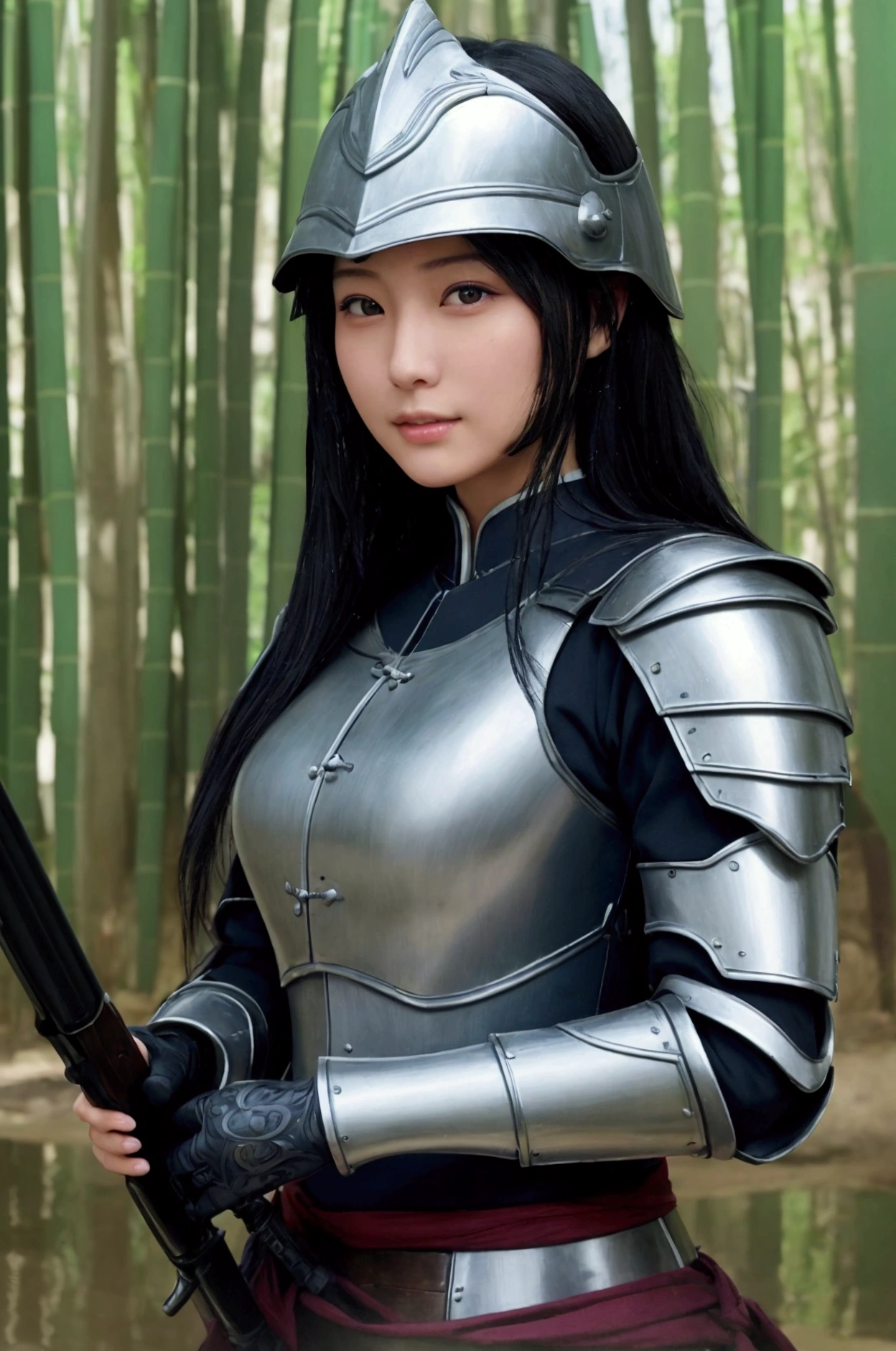 ((masterpiece)), ((Highest quality)), (Portrait of a beautiful girl), Eye for perfect detail, Face with perfect detail, Very elaborate nose,, Perfect Teeth, charm, Perfect Face, Dimples on cheeks, Written boundary depth, High resolution, ((Realistic skin texture)), Wash your body in the shower、Woman wearing Japanese armor, Also々profile、Standing woman holding a matchlock gun、Japanese women、A stream flows through a bamboo forest at dusk、Black Hair、Shokugata helmet、White thread tsumadori armor