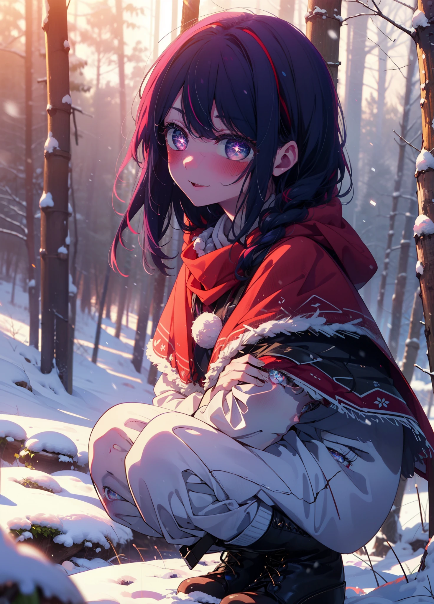 aihoshino, Ai Hoshino, Long Hair, bangs, (Purple eyes:1.1), Purple Hair, (Symbol-shaped pupil:1.5), smile,,smile,blush,white breath,
Open your mouth,snow,Ground bonfire, Outdoor, boots, snowing, From the side, wood, suitcase, Cape, Blurred, , forest, White handbag, nature, Squat, Mouth closed, Cape, winter, Written boundary depth, Black shoes, red Cape break looking at viewer, Upper Body, whole body, break Outdoor, forest, nature, break (masterpiece:1.2), Highest quality, High resolution, unity 8k wallpaper, (shape:0.8), (Beautiful and beautiful eyes:1.6), Highly detailed face, Perfect lighting, Extremely detailed CG, (Perfect hands, Perfect Anatomy),