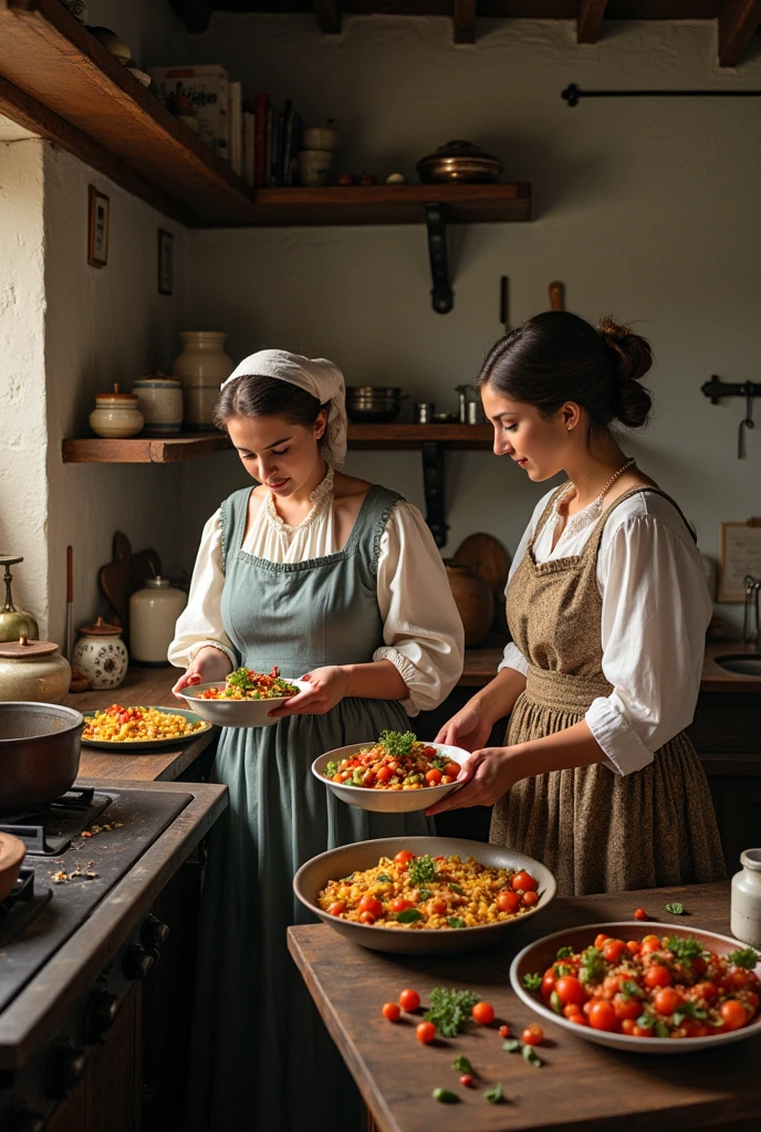 Women cooking and representing the evolution of eating habits in different historical periods 