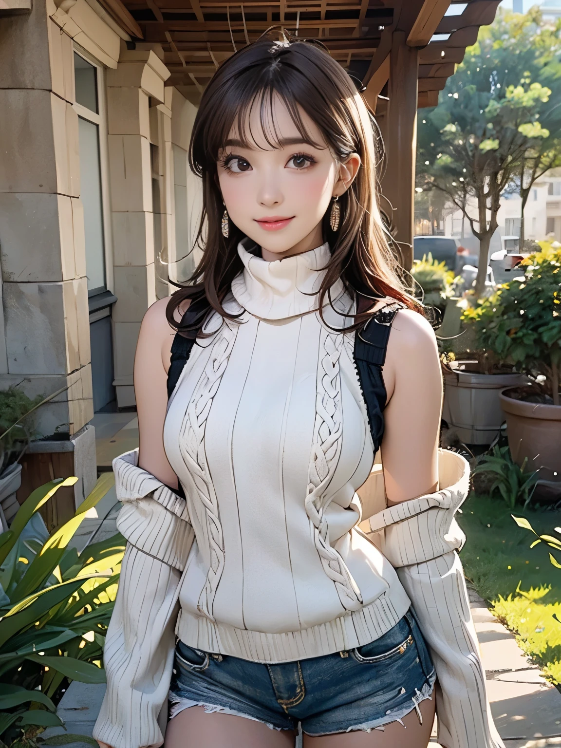 ((((best quality))))、(((Ultra-high precision CG16K wallpaper)))、(((杰do)))、(((Very detailed)))、(((Extremely detailed)))、((１Mature 29 year old woman:1.6))、((Very beautiful Japanese face))、((do々Nozomi:1.5))、((Medium straight hair、Bangs:1.5))、(Shiny Blonde Hair)、beautiful delicate eyes、Brown eyes、Eyeliner、Eyeshadow、high nose、Small nostril、Little mouth、Tempting lips、beautiful breasts、((C cup size breasts))、beautiful feet、Eight-head body、Perfect proportion、Perfect anatomical structure、Perfect composition、beautiful detailed shading、beautiful, Natural Lighting、beautiful detail glow、Writing border depth、(((High chroma)))、(((real:1.9)))、((vivid:1.5))、((beautiful Skin))、((Texture))、((realな皮膚感))、(((Cowboy shooting:1.6)))、((Front view、Shooting from the front、Front low angle:1.6))、(((Smile:1.5)))、((Women are watching this、Looking at the audience、Future-proof:1.6))、bright  daylight、Natural light、(((Grass Square、Trees:1.5)))、(Walking posture:1.6)、(((Ivory Turtleneck Sleeveless Long Sweater:1.6)))、((scarf、Wearing earrings:1.3))、((Over the knee socks clothing:1.3))、