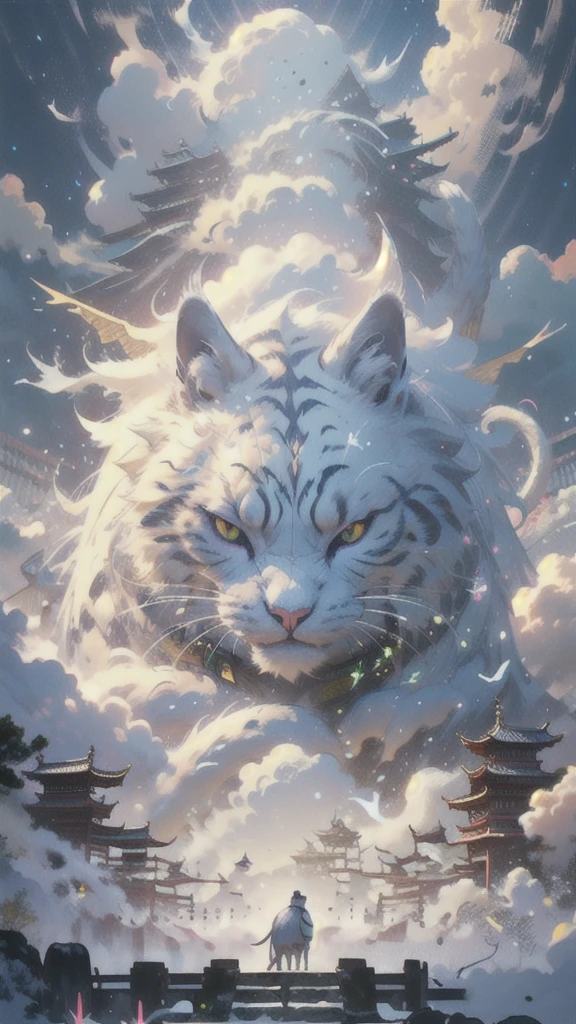 BJ_Sacgreen_bEast,green_eye,Outdoor,Horn,null,cloud,no_human,bird,cloudy_null,scenery,stage,Fantasy,Cat,architecture,East_Asian_architecture,Eastern_Cat,Cinema Lighting,Strong contrast,High level of detail,Highest quality,masterpiece,